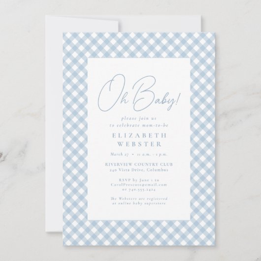 Schattig blauw gingham eenvoudig baby shower kaart (Voorkant)