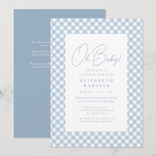 Schattig blauw gingham eenvoudig baby shower kaart (Voorkant / Achterkant)