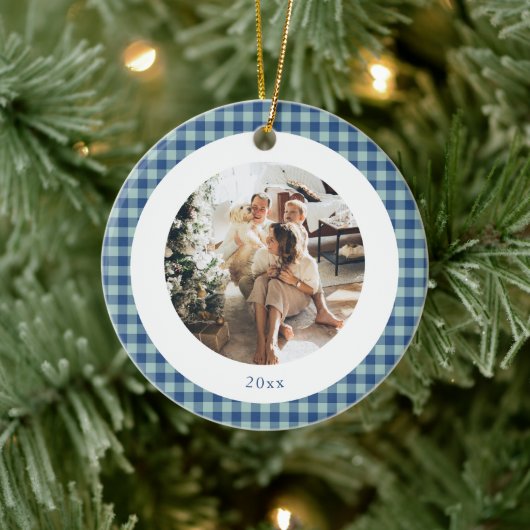 Schattig Blauw Gingham Geruit Aangepaste Foto Kers Keramisch Ornament (Boom)