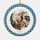 Schattig Blauw Gingham Geruit Aangepaste Foto Kers Keramisch Ornament (Voorkant)