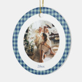 Schattig Blauw Gingham Geruit Aangepaste Foto Kers Keramisch Ornament (Links)