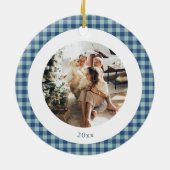 Schattig Blauw Gingham Geruit Aangepaste Foto Kers Keramisch Ornament (Achterkant)