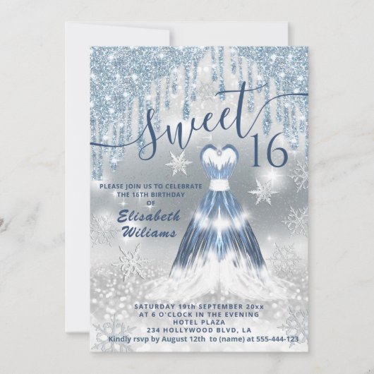 Schattig blauw gloeiend jurkje zilver glitterdrupp kaart (Voorkant)