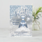 Schattig blauw gloeiend jurkje zilver glitterdrupp kaart (Staand voorkant)