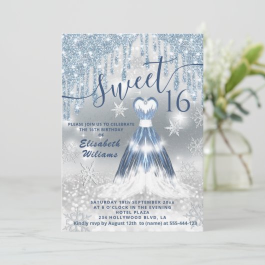 Schattig blauw gloeiend jurkje zilver glitterdrupp kaart (Staand voorkant)