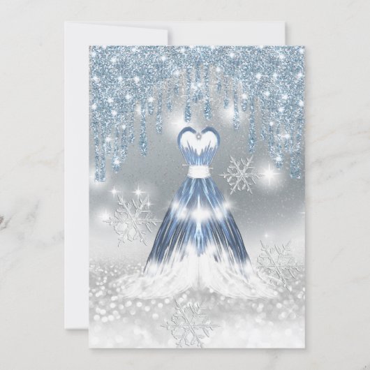 Schattig blauw gloeiend jurkje zilver glitterdrupp kaart (Achterkant)
