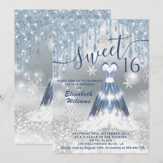 Schattig blauw gloeiend jurkje zilver glitterdrupp kaart (Voorkant / Achterkant)