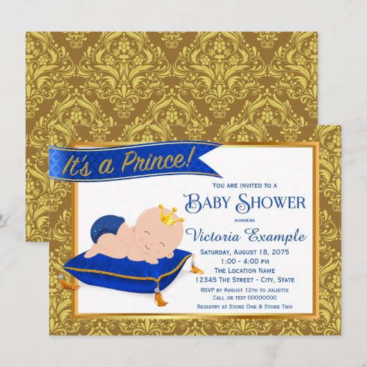 Schattig Blauw Goud Prins Baby Douche Uitnodiginge Kaart (Voorkant / Achterkant)