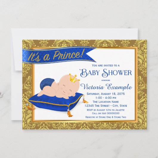 Schattig Blauw Goud Prins Baby Douche Uitnodiginge Kaart (Voorkant)