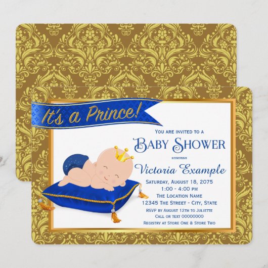 Schattig Blauw Goud Prins Baby Douche Uitnodiginge Kaart (Voorkant / Achterkant)