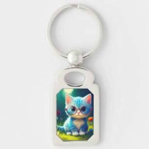Schattig Blauw Katje Draagt Bril-47067 Sleutelhanger
