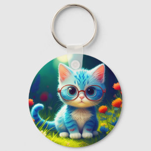 Schattig Blauw Katje met Bril-47067 Sleutelhanger