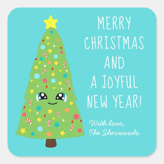 Schattig Blauw Kawaii Kerstboom Cartoon Vrolijk Xm Vierkante Sticker (Voorkant)