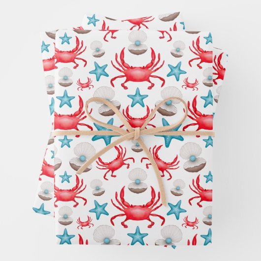 Schattig blauw kustzeekrab & shell patroon inpakpapier vel (In situ)