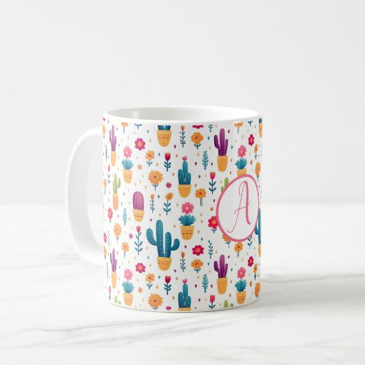 Schattig Blauw & Lavendel Bloemen Cactus Script Mo Koffiemok (Voorkant links)