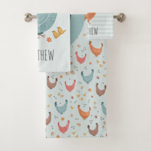 Schattig Blauw Monogram Kip Boerderij Patroon Kind Bad Handdoek
