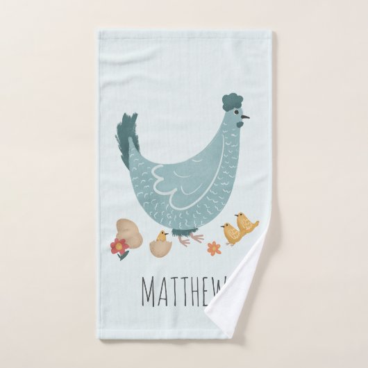 Schattig Blauw Monogram Kip Boerderij Patroon Kind Bad Handdoek (Handdoek)
