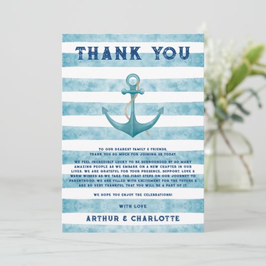 Schattig blauw nautische zeiler aquarel Baby showe Bedankkaart (Staand voorkant)