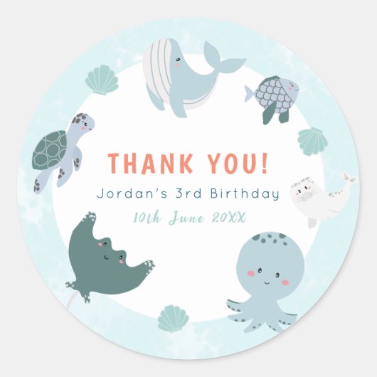 Schattig blauw onder het Zee Waterverf dank u Ronde Sticker (Voorkant)