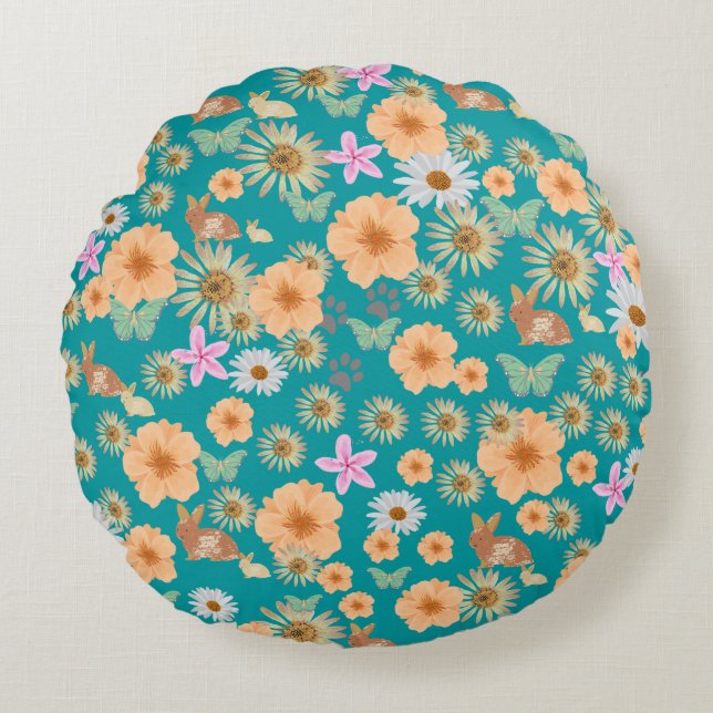 Schattig blauw patroon bloemkonijnen rond kussen (Voorkant)