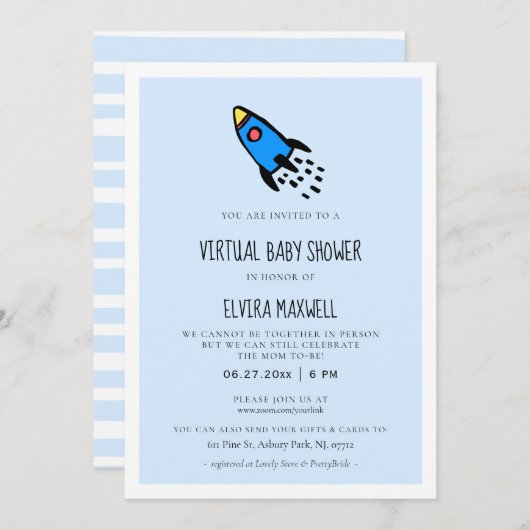 Schattig blauw raket Boy Virtual Baby shower Kaart (Voorkant / Achterkant)