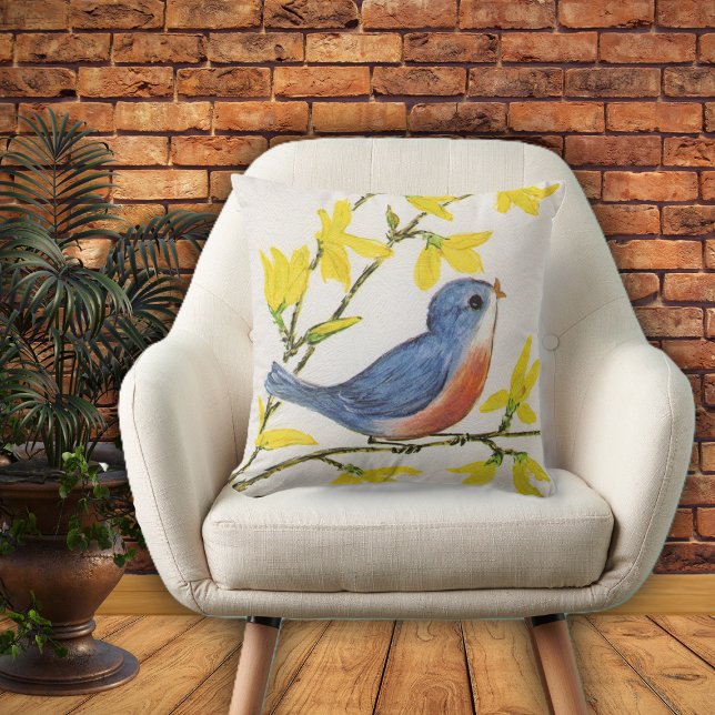 Schattig Blauw Rood Zingende Vogel Gele Bloemen Buitenkussen (Cute blue red singing bird on branch with yellow flowers on textured look white home decor pillow.)