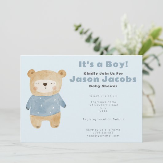 Schattig blauw teddybeer Baby shower "het is een j Kaart (Staand voorkant)