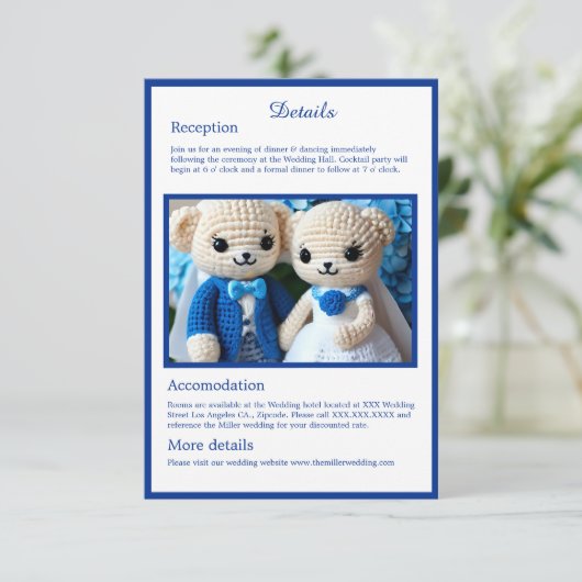 Schattig blauw & wit gehaakte bruiloft paar informatiekaartje