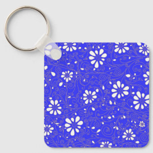 Schattig blauw wit klassiek bloemenpatroon sleutelhanger