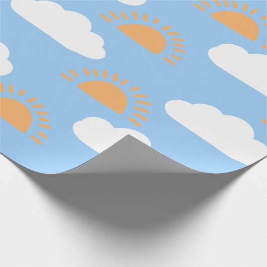 Schattig blauw wit sinaasappel zonneschijn en wolk cadeaupapier (Hoek)