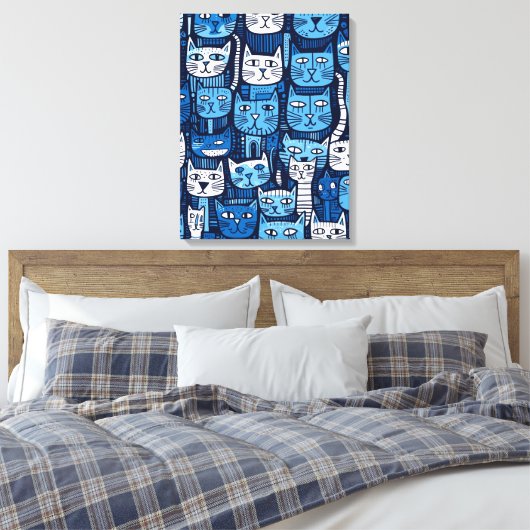 Schattig Blauw Wit Zwart Doodle Kat Lover Canvas Afdruk (Insitu (Slaapkamer))
