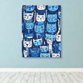 Schattig Blauw Wit Zwart Doodle Kat Lover Canvas Afdruk (Insitu (Houten vloer))