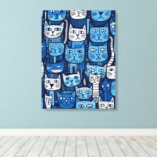 Schattig Blauw Wit Zwart Doodle Kat Lover Canvas Afdruk (Insitu (Houten vloer))