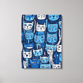 Schattig Blauw Wit Zwart Doodle Kat Lover Canvas Afdruk