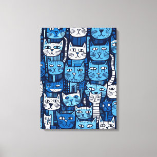 Schattig Blauw Wit Zwart Doodle Kat Lover Canvas Afdruk