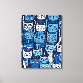 Schattig Blauw Wit Zwart Doodle Kat Lover Canvas Afdruk