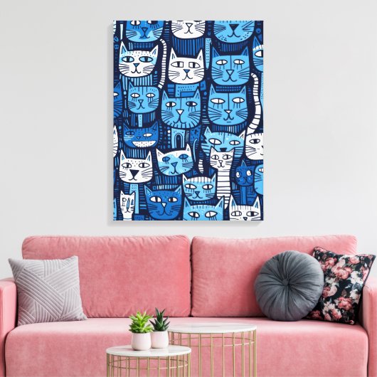 Schattig Blauw Wit Zwart Doodle Kat Lover Canvas Afdruk (Insitu (Woonkamer))