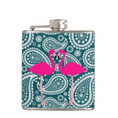 Schattig Blauwgroen blauw en wit Paisley-Flamingos Heupfles (Voorkant)