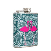 Schattig Blauwgroen blauw en wit Paisley-Flamingos Heupfles (Rechts)