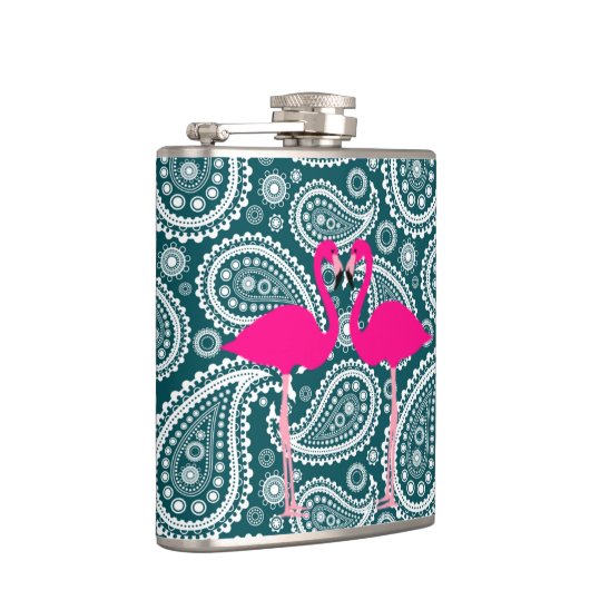 Schattig Blauwgroen blauw en wit Paisley-Flamingos Heupfles (Rechts)