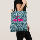 Schattig Blauwgroen blauw wit paisley-roze flaming Tote Bag (Dichtbij)