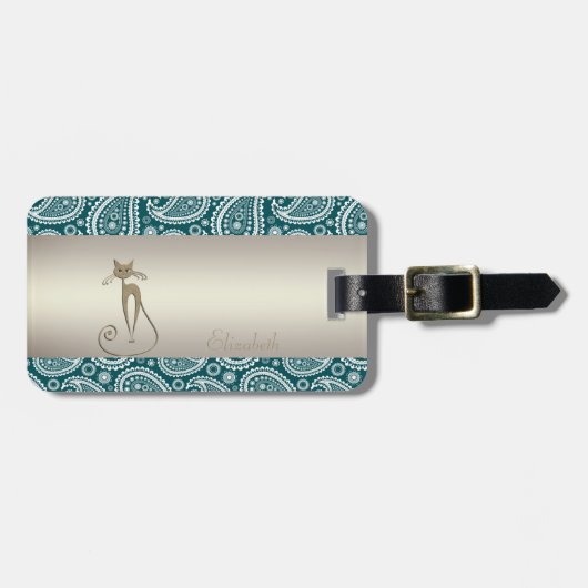 Schattig Blauwgroen Blauw, Witte Paisley, Kat - Ge Bagagelabel (Voorkant horizontaal)