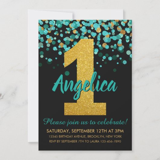 Schattig Blauwgroen Goud Glitter Zwart Confetti 1e Kaart (Voorkant)