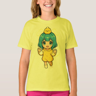 Schattig Blauwharig Chibi Meisje in Kuiken T-Shirt