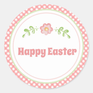 Schattig Bloem en Koraal Roze Gingham Pasen Ronde Sticker