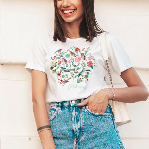 Schattig Bloem Vogels Botanisch Patroon T-shirt