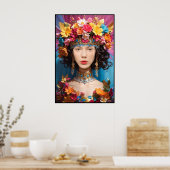 Schattig bloemenmeisje en vrouw gezicht in gat fot poster (Keuken)