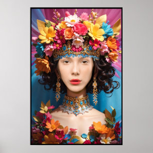 Schattig bloemenmeisje en vrouw gezicht in gat fot poster