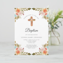 Schattig Bloemig Religieus Kruis Meisje Doop  Kaart