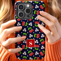 Schattig Bloemmotief met Kersen Stippen Navy Monog